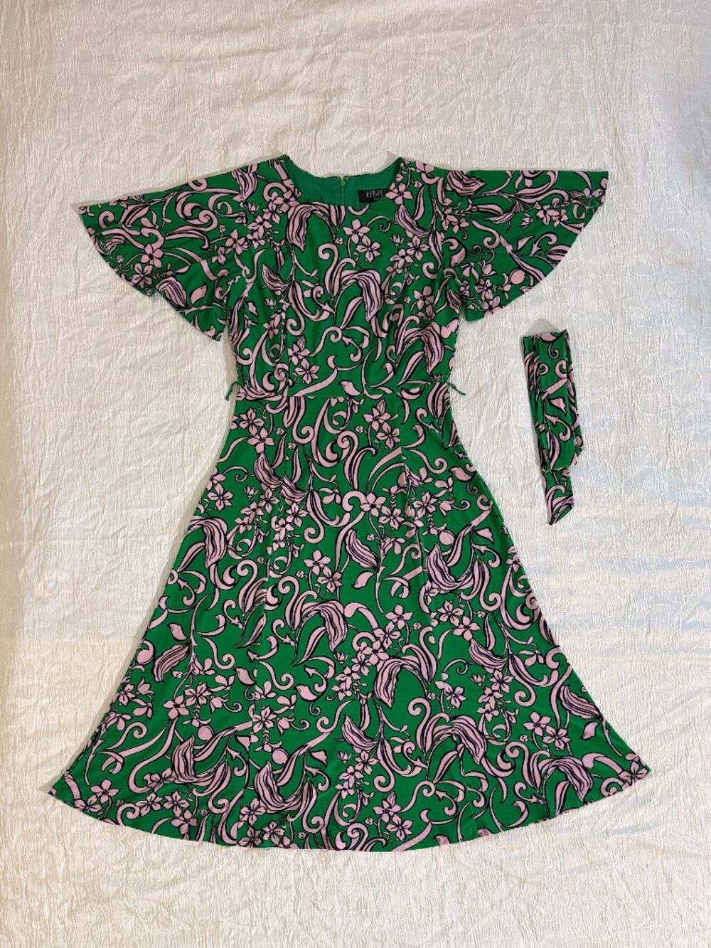 Kasper Green Pink Floral Midi Dress Size S, Flutter Sleeve, Stretch